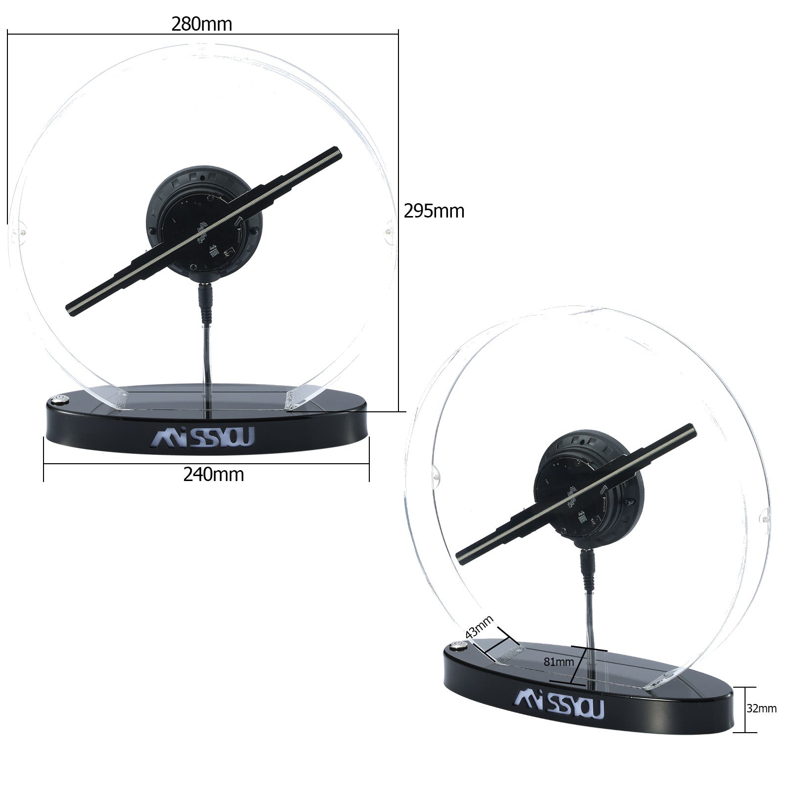 Missyou 11.8-inch 3D Hologram Fan - Customizable Logo, Bluetooth and WiFi Control, Over 700 Video Libraries, Remote Control and Acrylic Cover, Ideal for Advertising and Events