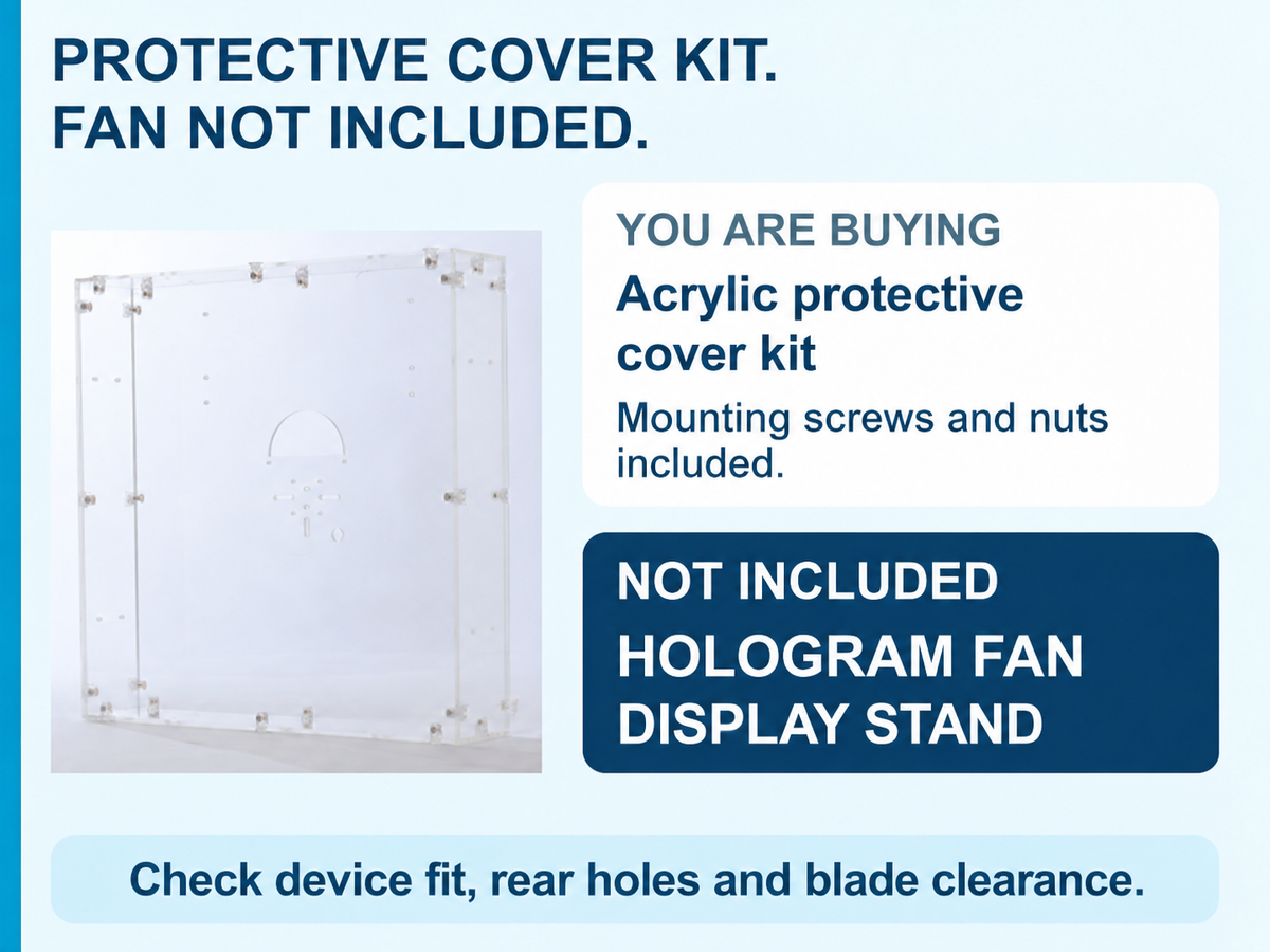 MISSYOU acrylic protective cover kit for compatible hologram fans up to 56 cm, with mounting screws and nuts included; hologram fan and display stand not included.