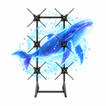 Six-fan 3D hologram display system showing a blue whale animation on a freestanding frame