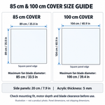 Illustrative, not-to-scale size guide: 85 cm cover has 89 cm square panels; 100 cm cover has 104 cm square panels. Side panels 20 cm; acrylic 5 mm. Check mounting and clearance. Not shipping dimensions or a product photo.