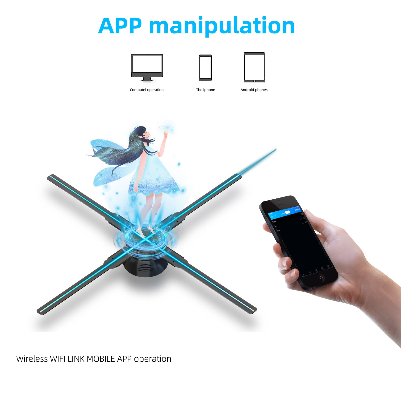 Missyou 27.5" 3D Hologram Fan Projector, Remote, Bluetooth, Splicing, 700 Video Library, 832 LEDs for Business Signs, Bar, Casino, Party, Halloween