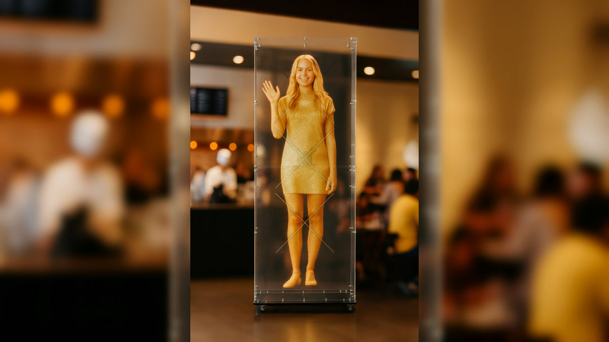 Large protected hologram display showing custom human content in a restaurant